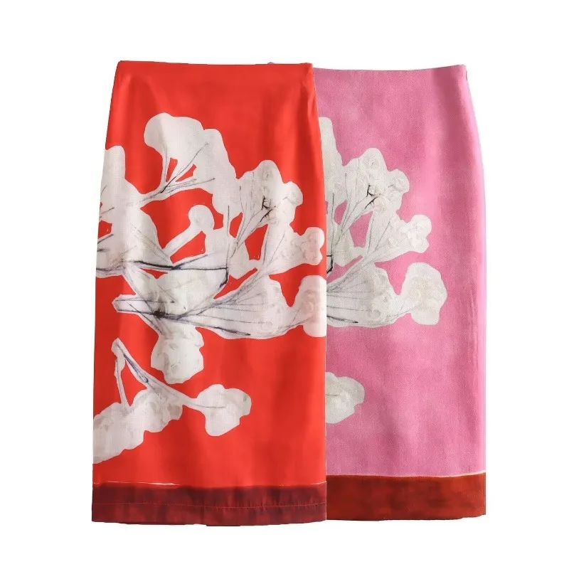 TRAF ZR Midi Skirt Elegant Women Vintage 2024 High Waist Korean Fashion Line Pink Summer Harajuku Y2k Woman Vacation Skirts