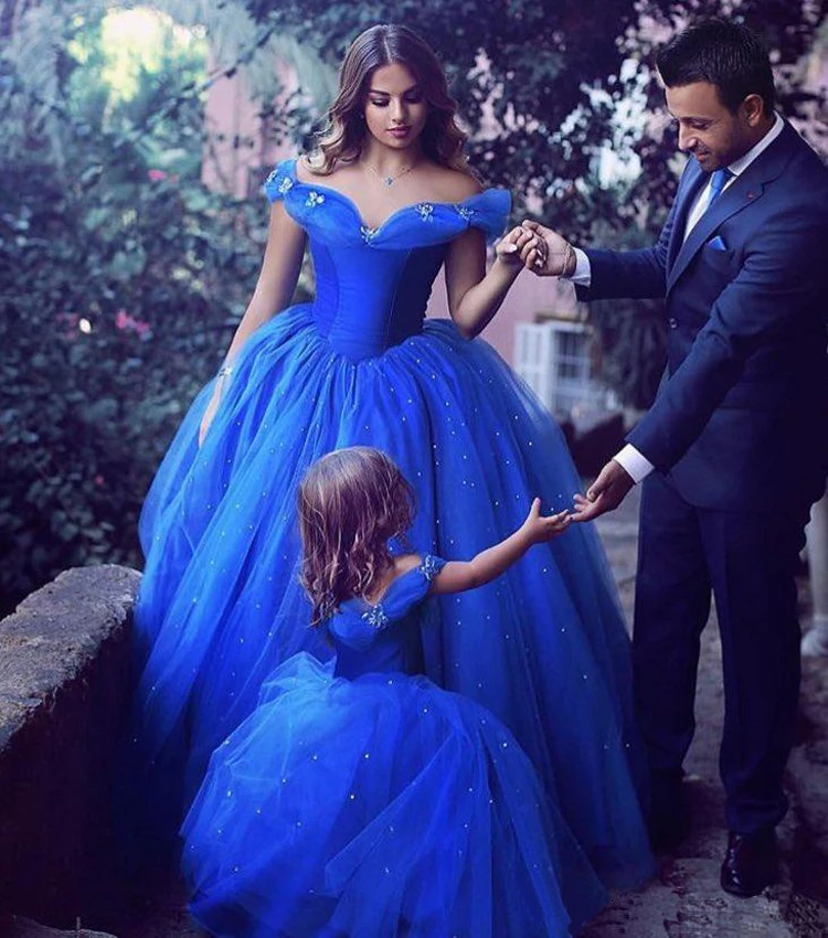 Mum and Me Off Shoulder Kids Blue Beading Noble Puffy Flower Girls Birthday Party Dresses for Children 2 to 15 Years Old