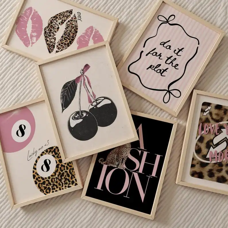 6pcs/set Pink Cheetah Animal Lucky No. 8 Ball Canvas Print Y2k Cherry Girl Quote Wall Art Poster for Valentine's Day Home Decor