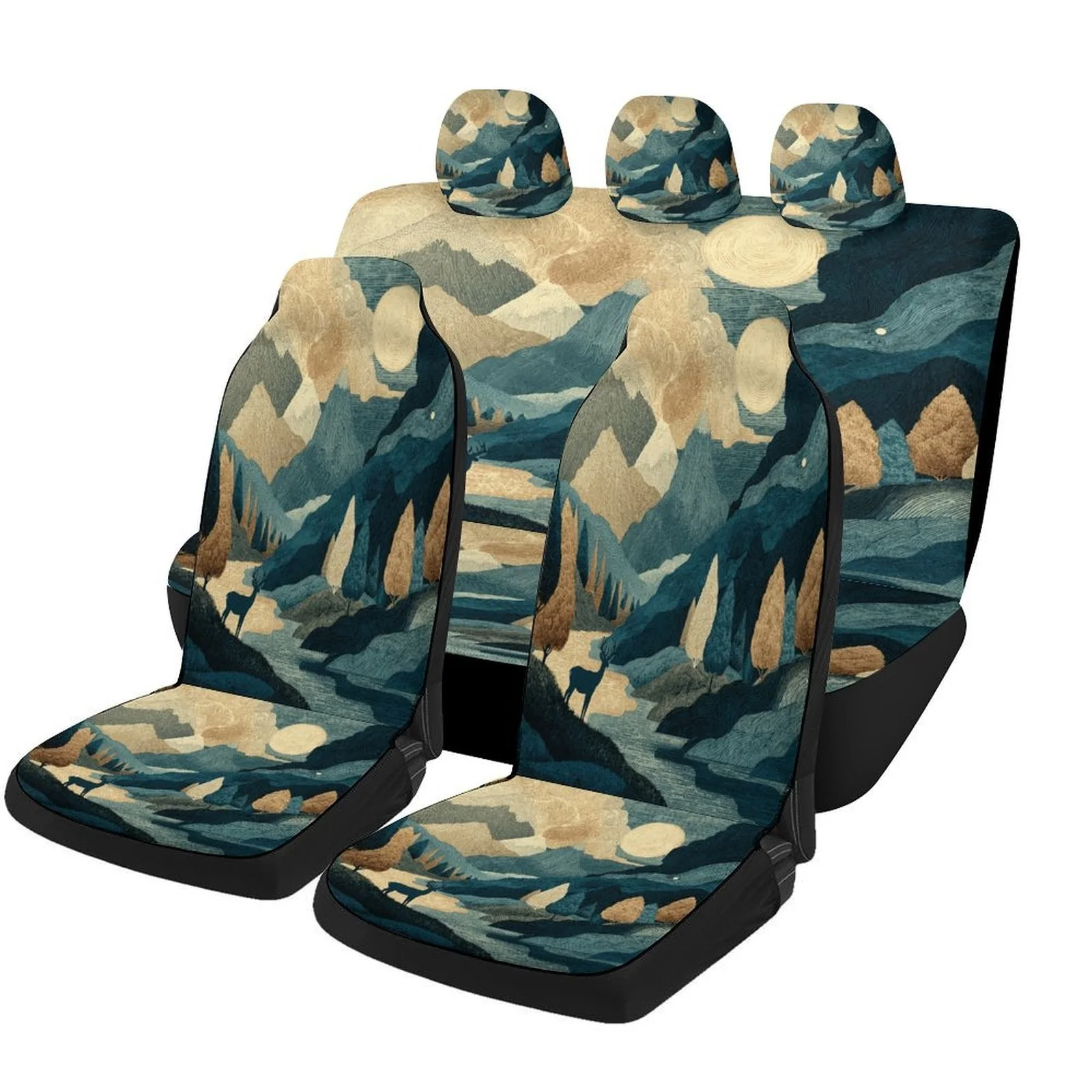 Car Seat Cover Set Featuring A Mountain Moonlight Design, Suitable For Various Vehicles. Stylish And Durable, This Complete Set