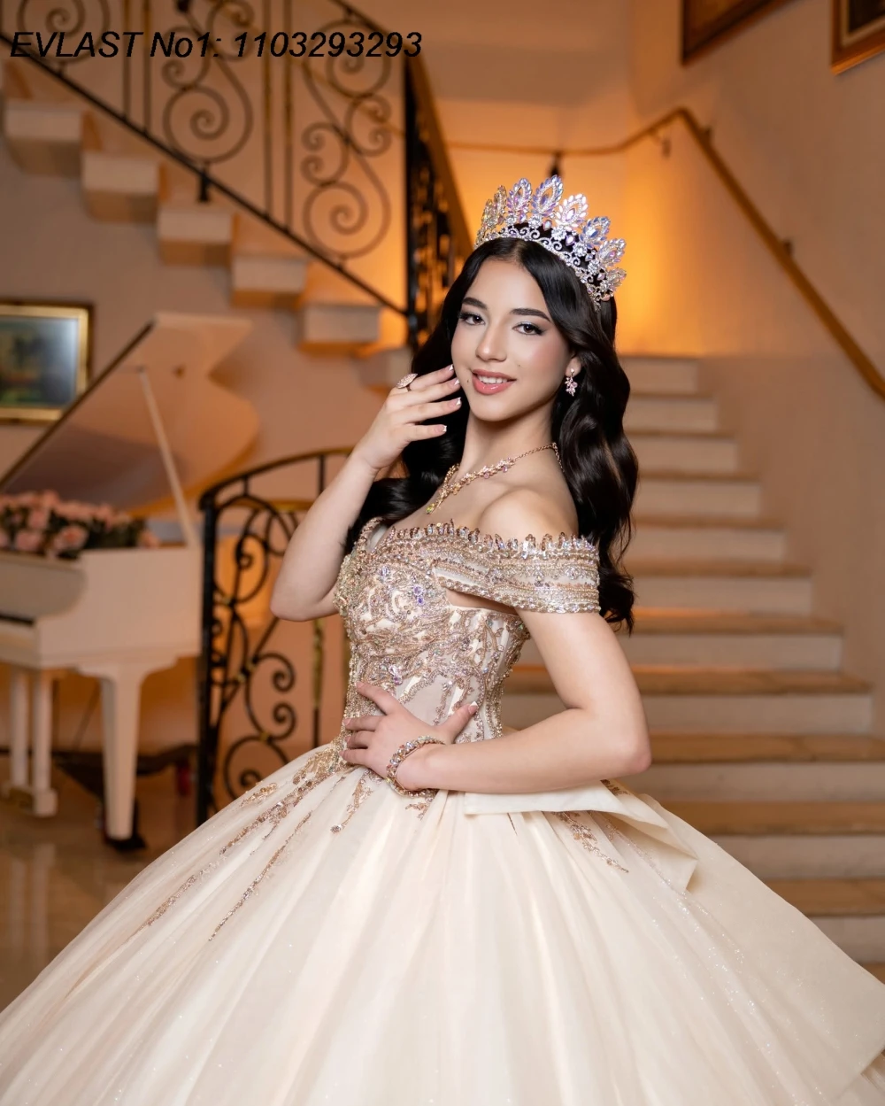 EVLAST Customized Glitter Blush Quinceanera Dress Ball Gown Gold Lace Applique Beading Bow Sweet 16 Vestidos De 15 Anos AQ295