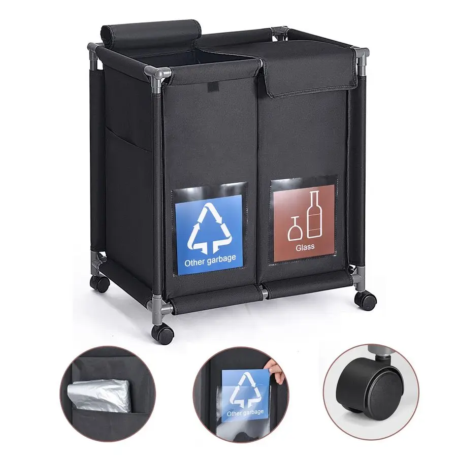 

2 in 1 Garbage Recycle Sorting Basket,2 Cover Top Compartments with Wheels,2 Front Transparent Display Pockets 110L Large Capaci