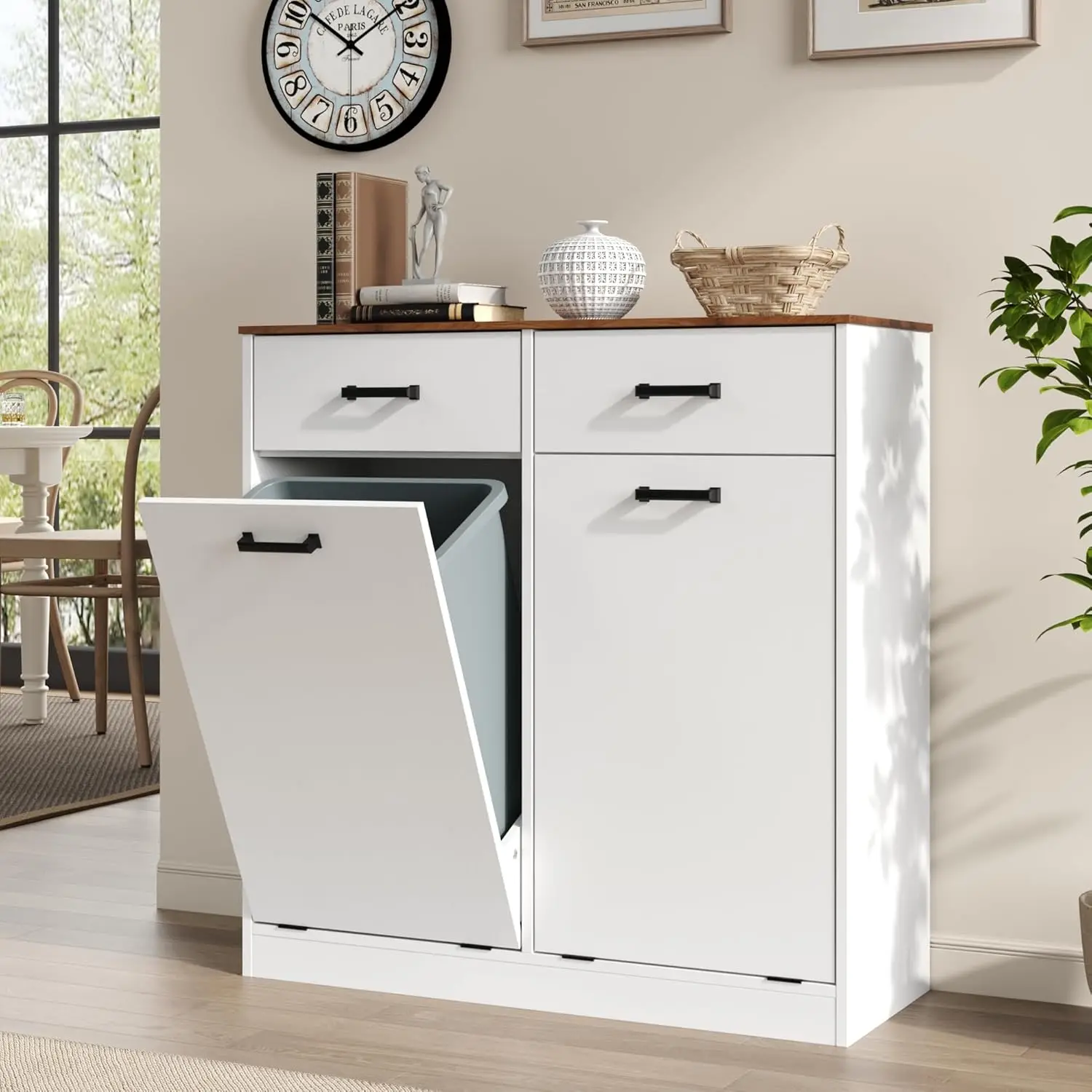 

Farmhouse Double Tilt Out Trash Can Cabinet 2 Drawers Hidden 10 Gallon Garbage Recycling Storage Cabinet for Kitchen