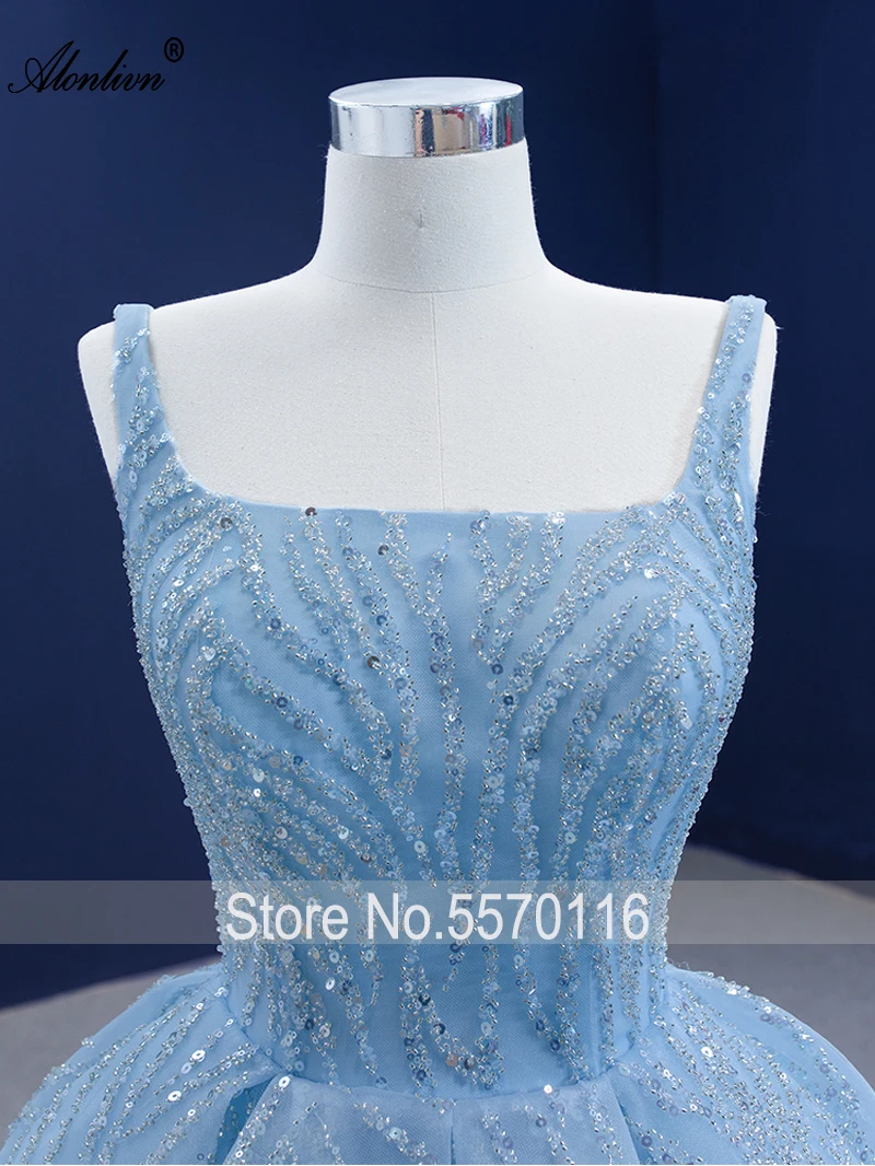 Alonlivn Brilliant Beaded Lace Ball Gown Suknie ślubne Eleganckie spódnice ślubne na ramiączkach Spaghetti