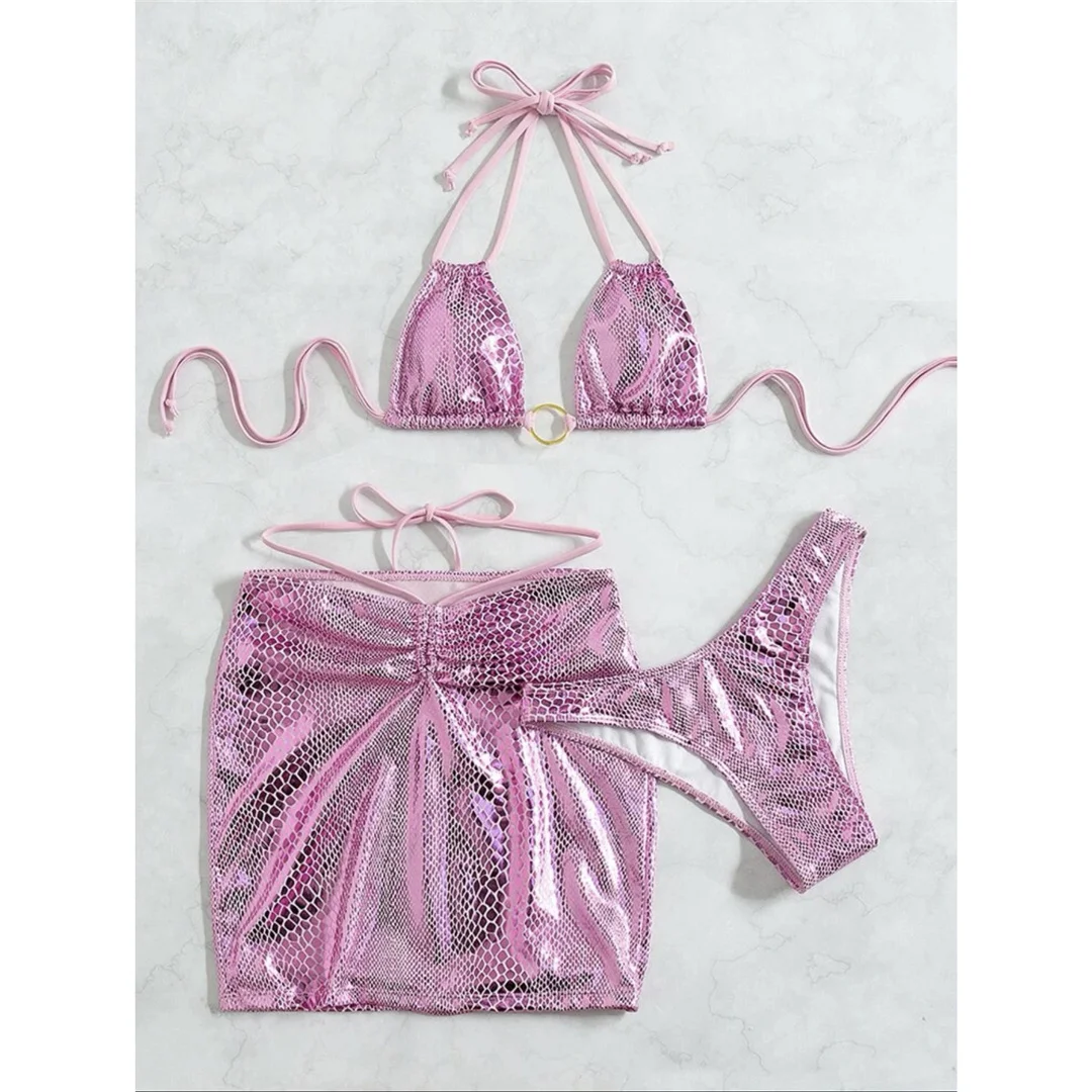 Sexy mit Rock, glänzender Schlangenhaut-Bikini, Damen-Badebekleidung, dreiteiliges Bikini-Set, Badeanzug, Badebekleidung, Schwimmbekleidung V4237 – Detail 16