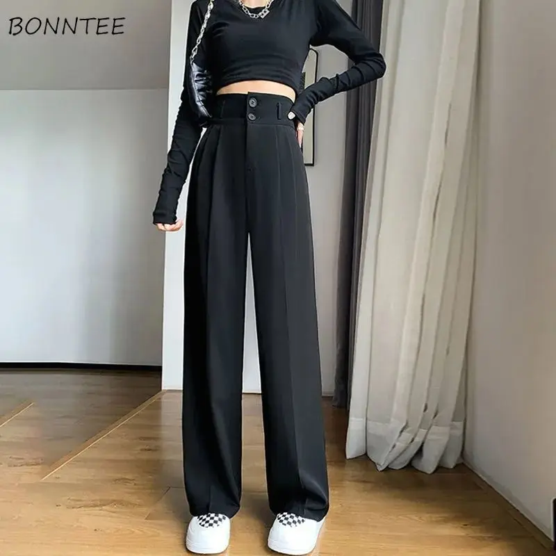 

Plus Velvet Casual Suit Pants Women Buttons Solid All-match Baggy Wide Leg Trousers Autumn Winter Flat Tender Soft High Waist