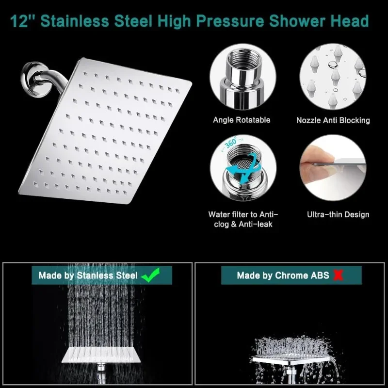 Shower Head, 12 Inch High Pressure Rainfall Shower Head/Handheld Shower Combo with 11 Inch Extension Arm, 9 Settings