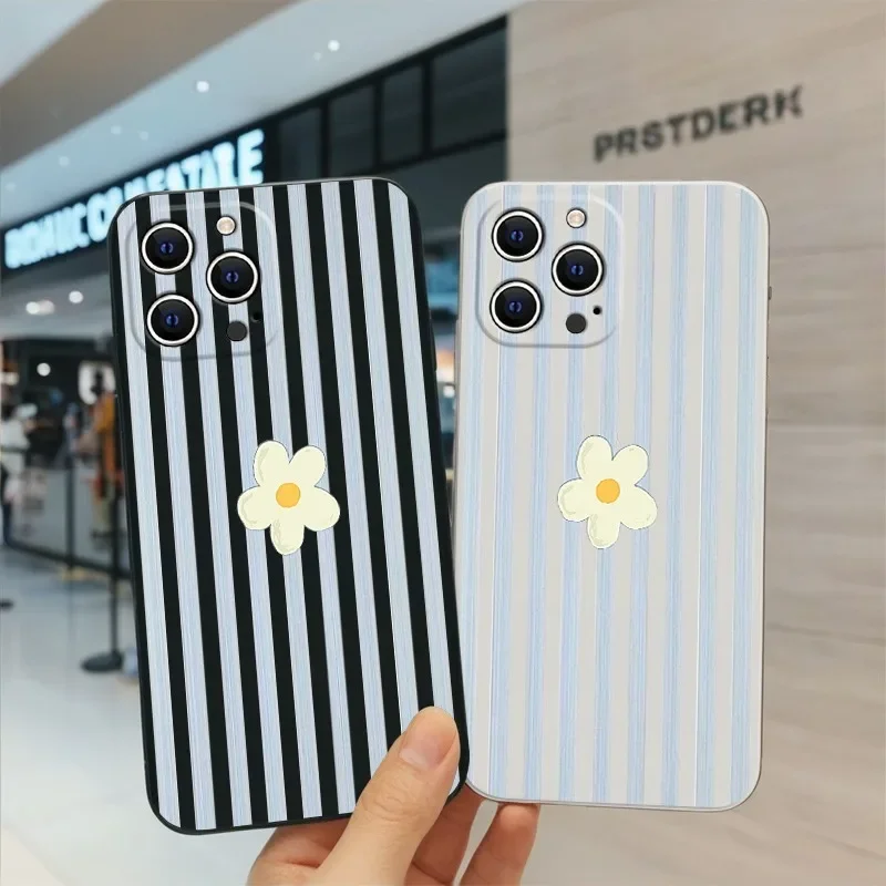 Capa de Telefone Coreana com Estampa de Flores e Listras para iPhone 18 17 Air 16E 16 15 14 13 12 11 Pro Max Xs XR 13/12 Mini Protetora à Prova de Choque