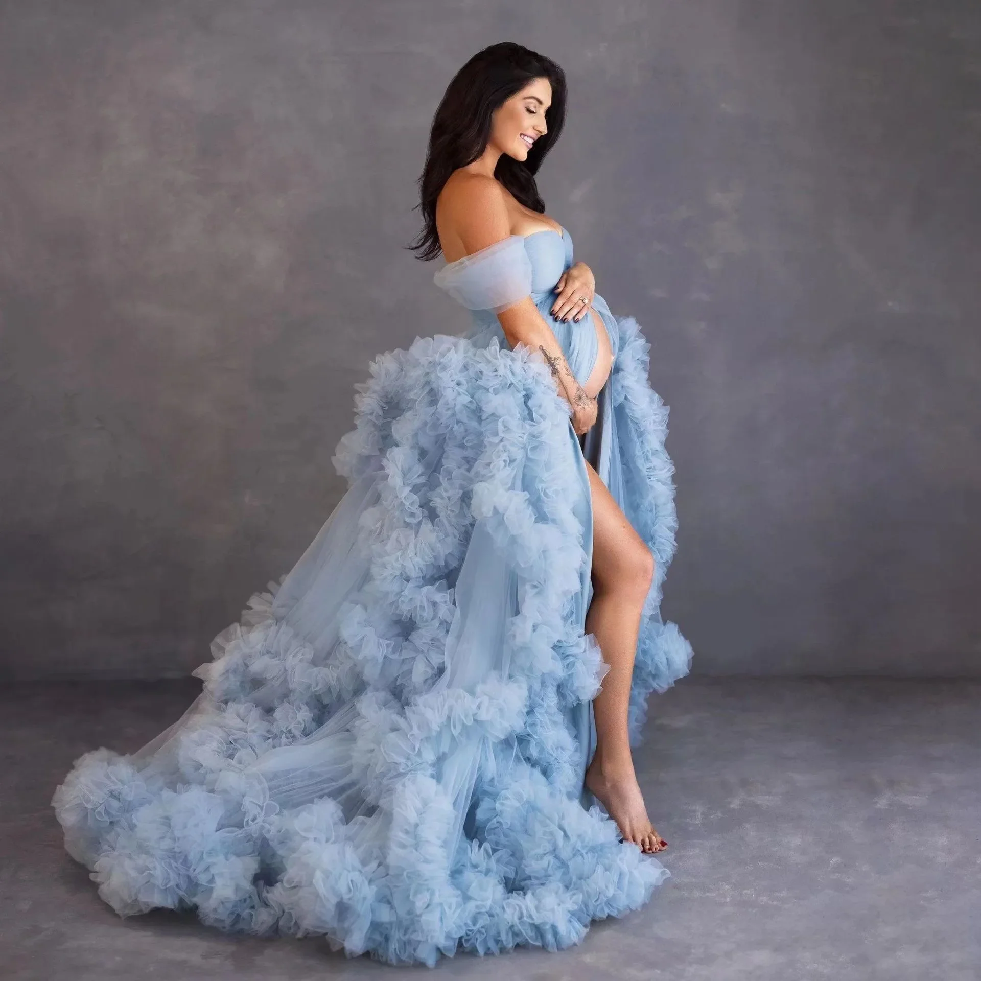 

2024 Dusty Blue Maternity Dresses for Photography Elegant Ruffled Tulle Photoshoot Dress Women Sweetheart Maxi Gown