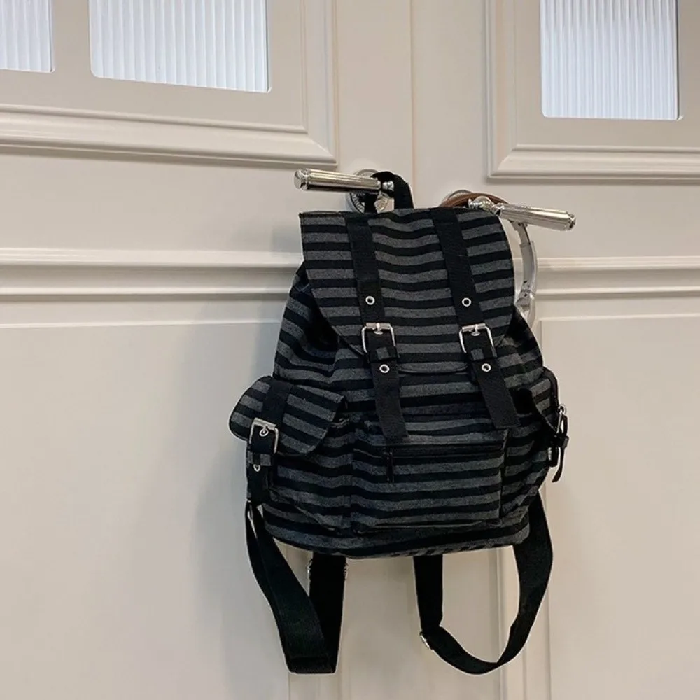 Fashion Large Capacity Striped Backpack Y2K Korean Style Students Schoolbag Multi-pocket Cloth Hiking Camping Bag Students