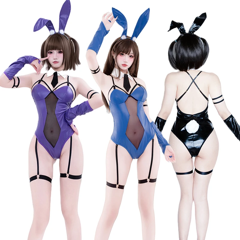 

SENMHS Bunny Girl Cosplay Leather Deep V Bodysuit Plush Tail Anime Maid Uniform Women Backless Rabbit Jumpsuit Outfit Costume