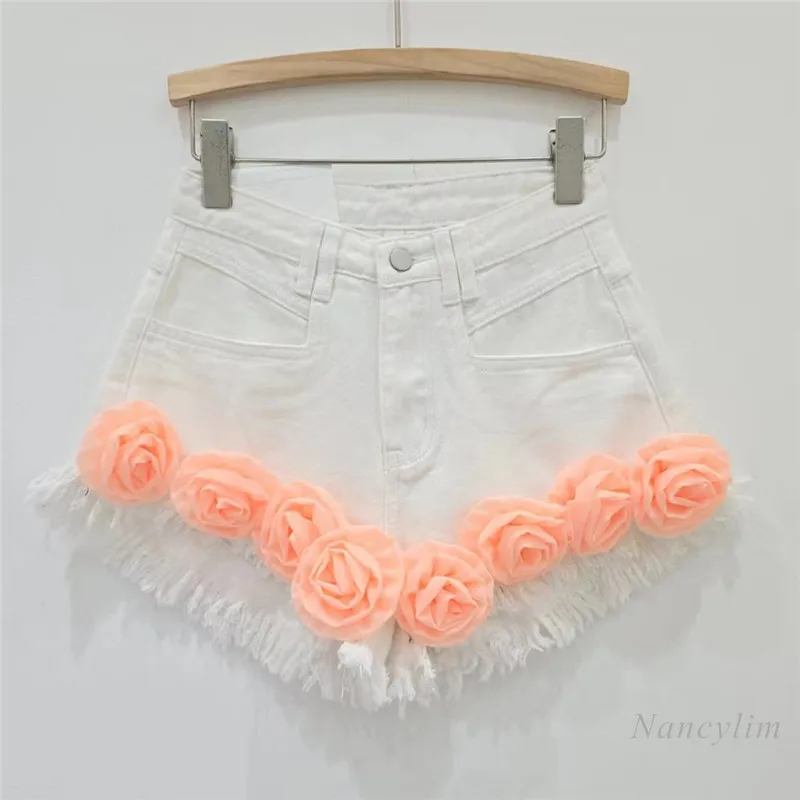 Pink Flower Tassel Denim Shorts Women 2024 Summer Niche Fried Street Slimming Hot Girl A- Line Wide Leg Hot Pants