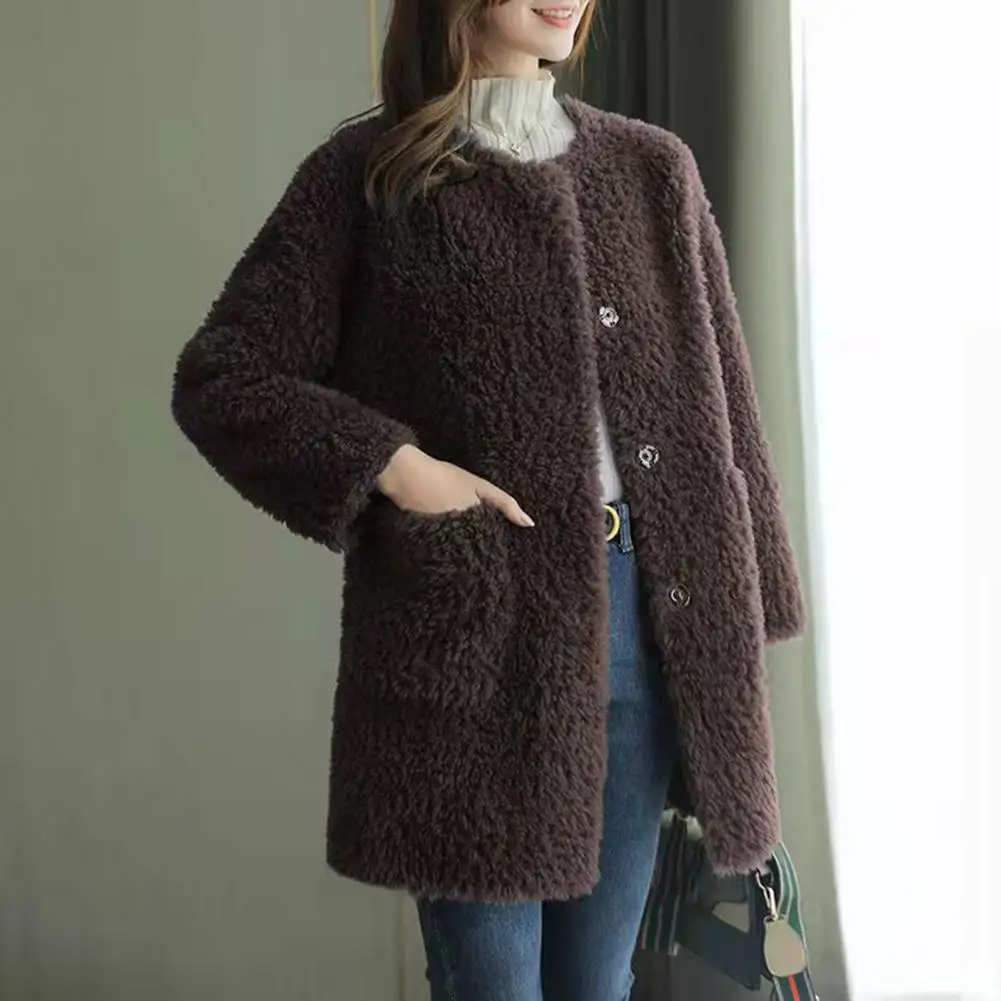 Single-breasted Women Coat Cozy Women's Winter Coat Double-sided Plush Thermal Cardigan with Windproof Design Long Sleeve