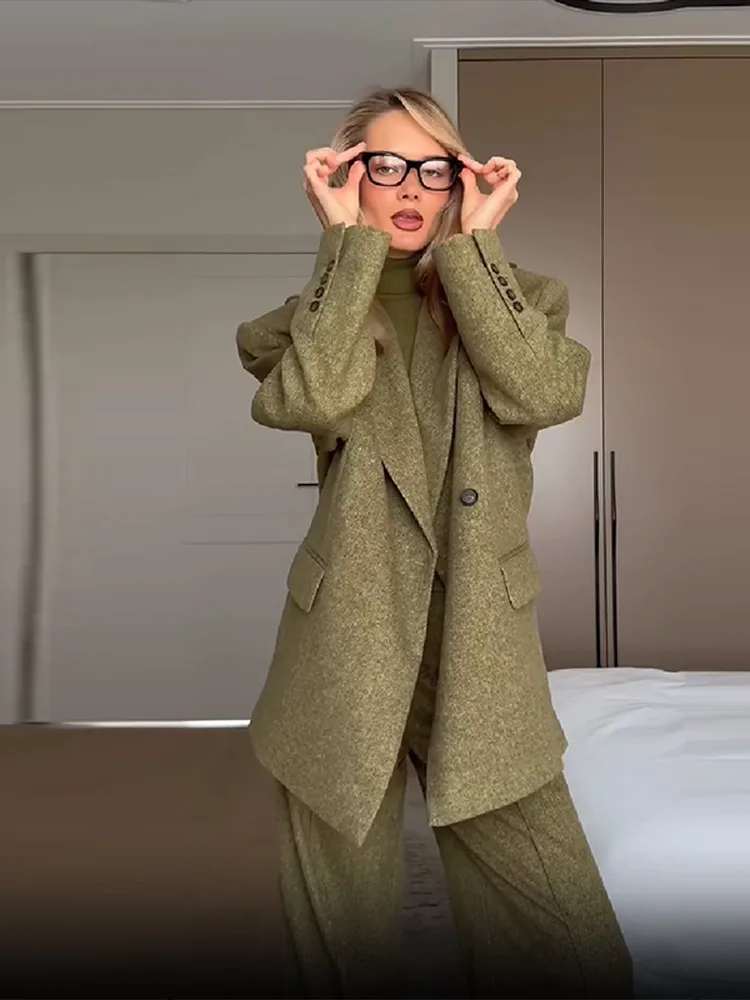 Blazer di lana Pantaloni Abiti da donna Risvolto Un bottone Maniche lunghe Spalline Set Donna 2025 Autunno Inverno Moda Solid Outwear