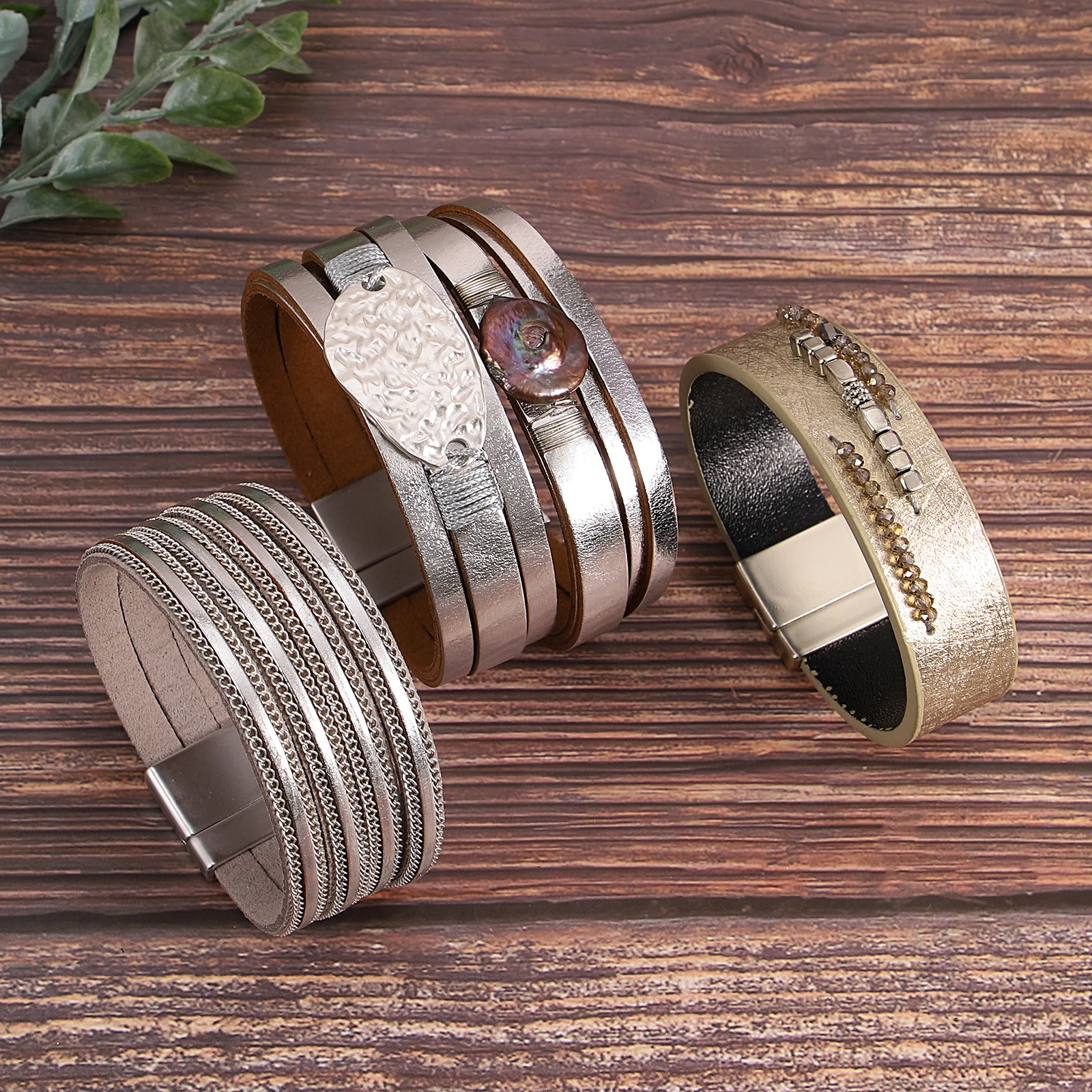 Amorcome Classic Irregular Metal Buckle Multilayer Leather Bracelet Women Shining Stackable Wide Bangle Party Jewelry Accessorie