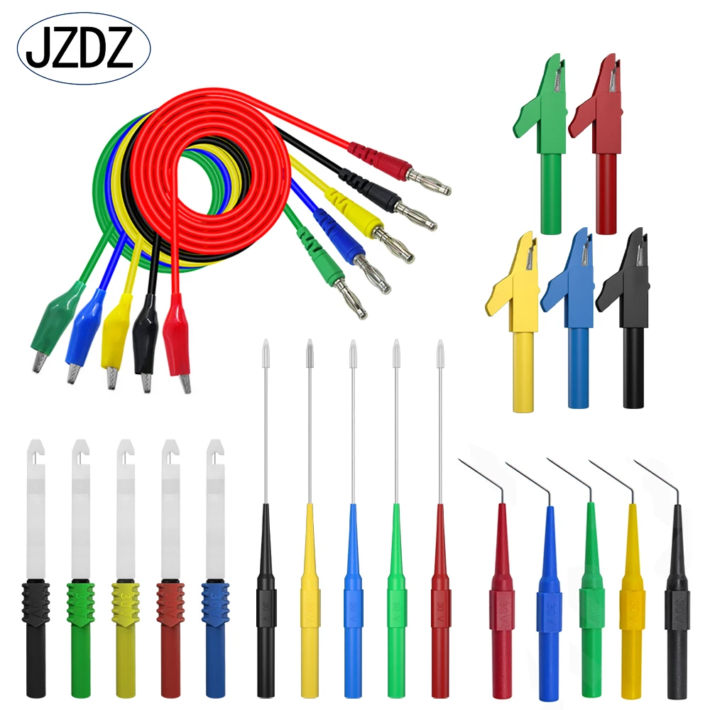 Jzdz kit de chumbo de teste de multímetro, 25 peças, clipe de jacaré para 4mm, plugue banana, sonda de teste, kit de sondas traseiras jt8008