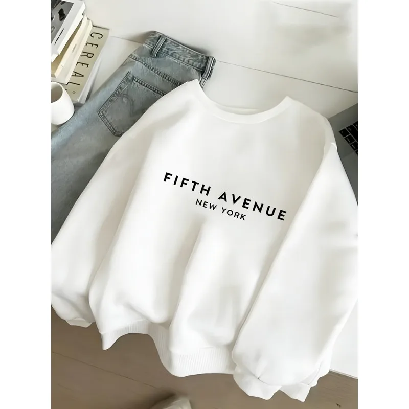 Women Crewneck Sweatshirt FIFTH AVENUE NEW YORK Simple Letter Graphic Long Sleeve Oversized White Pullover Casual Basic Streetwe