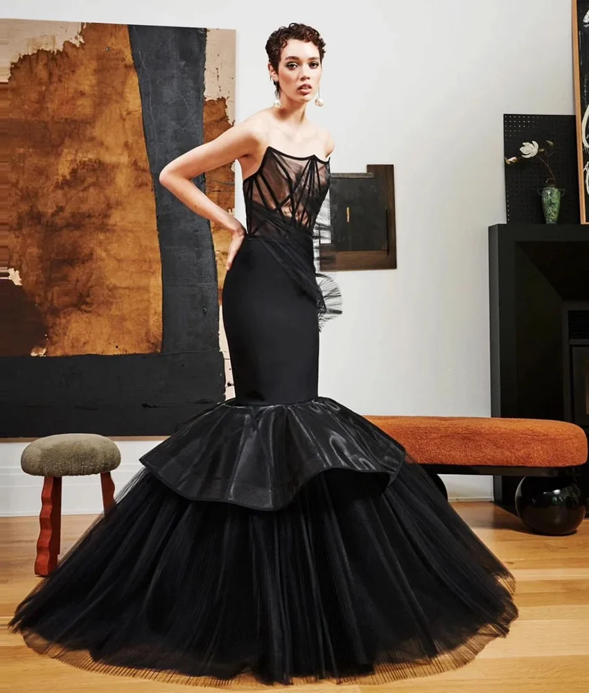 

Customized Fashion Organza Mermaid Tiered Ruffles Evening Dress Delicate Sleeveless Strapless Floor Length prom dresses