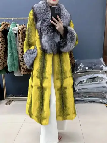 Plus Size Winter Women Real Rabbit Fur Coats With Fox Lapel Collar Natural Whole Skin Genuine Rabbit Fur Long Jackets Overcoat