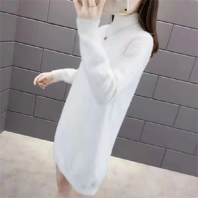 Autumn Winter Women Clothing High Collar Mink Cashmere Basic Knitted Sweater Solid Casual Loose Long Sleeve Thick Warm Pullovers