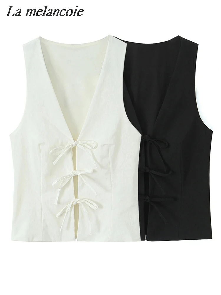 Sexy Cut Out Vest Woman Bow Lace Up V-Neck Sleeveless Tops Summer 2024 New Fashion Casual White Black Vests Chic Elegant Vest