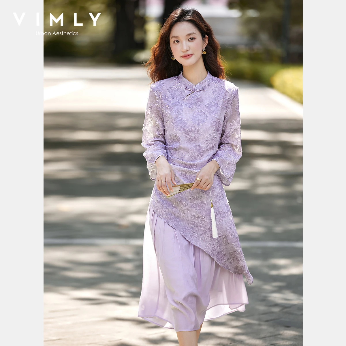 

VIMLY Long Dresses 2025 Autumn New Woman Purple Chinese Style Female Dress Stand Neck A-line Gauze Spliced Ladies Dresses A2966