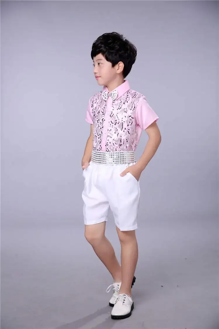 2024 Costume per bambini abbigliamento da coro per bambini abbigliamento da ragazzo top e pantaloni con paillettes a maniche corte 2 pz/set vestiti da ballo latino