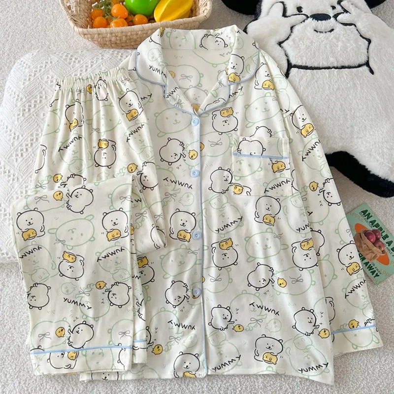 

2025 New Pajamas Female Autumn Winter Long-Sleeved Homewear Suit Korean Cute Bear Print Casual Sweet Basic Women's Pajamas Set