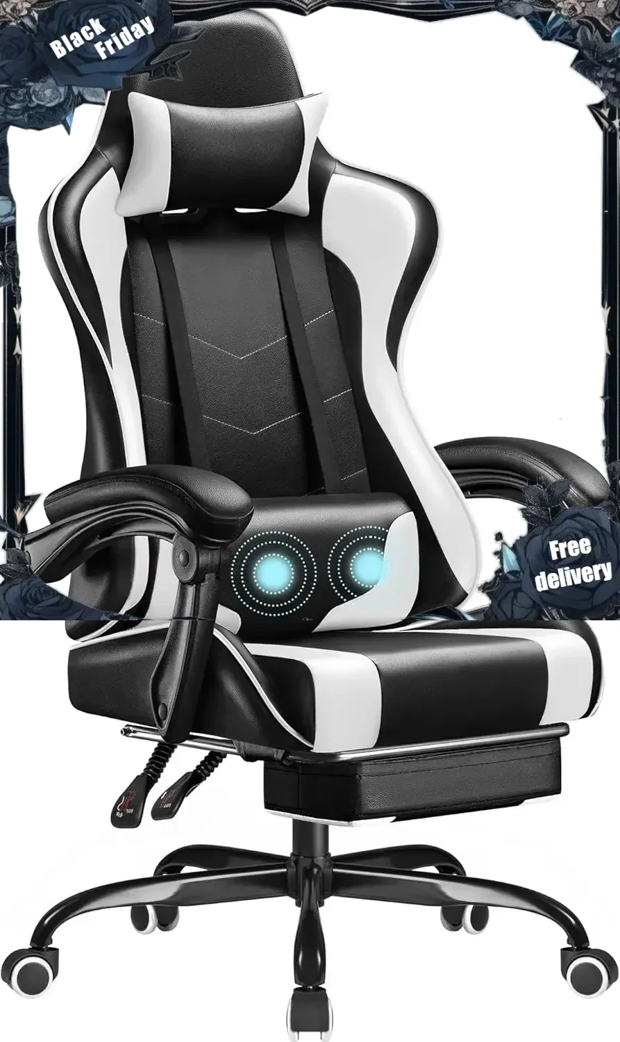 

Gaming Chair, Video Game Chair with Footrest and Massage Lumbar Support, Ergonomic Computer Chair Height Adjustable