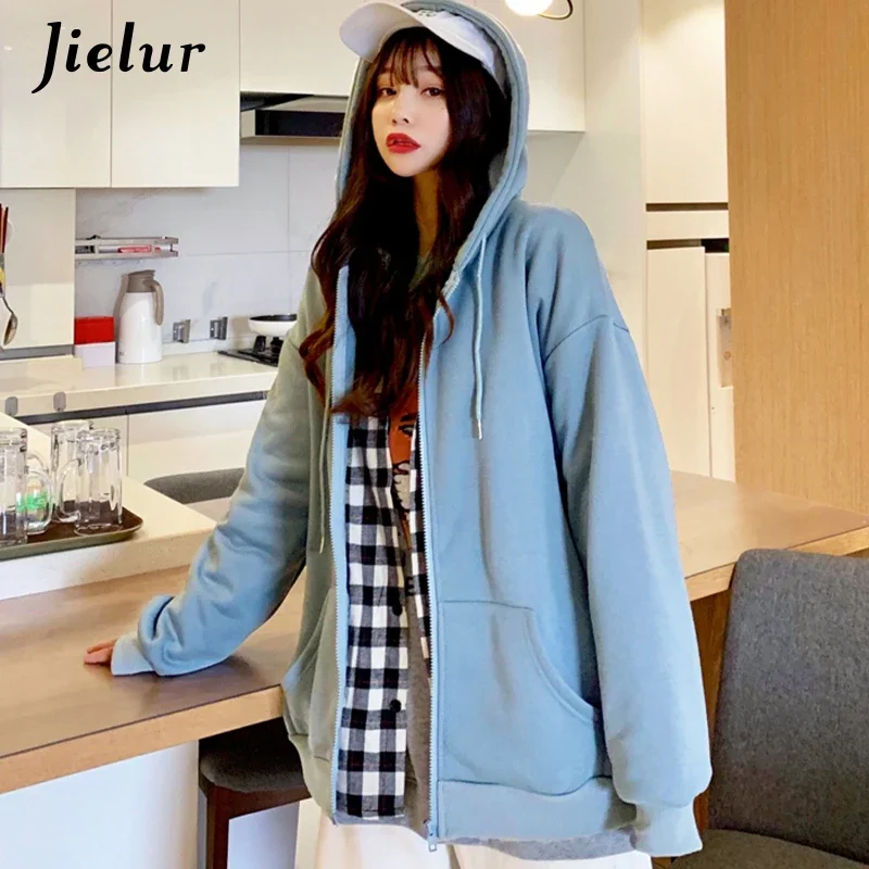 Jielur Autumn Loose Hooded Female Sweatshirt Blue Yellow Fashion Zipper Zip-up Cool Tracksuit Korean Women Hoodies Pullover M-XL