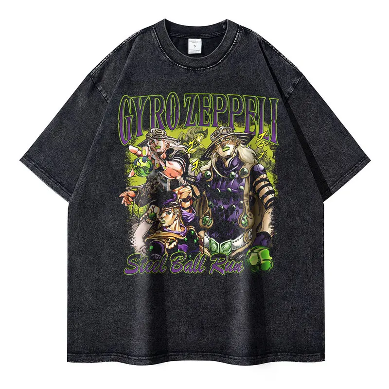 Bandai Anime JoJos T Shirt Vintage Washed JOJO Steel Ball Run T-shirts Streetwear Manga Gyro Zeppeli Tops Tees Men Girl Cotton