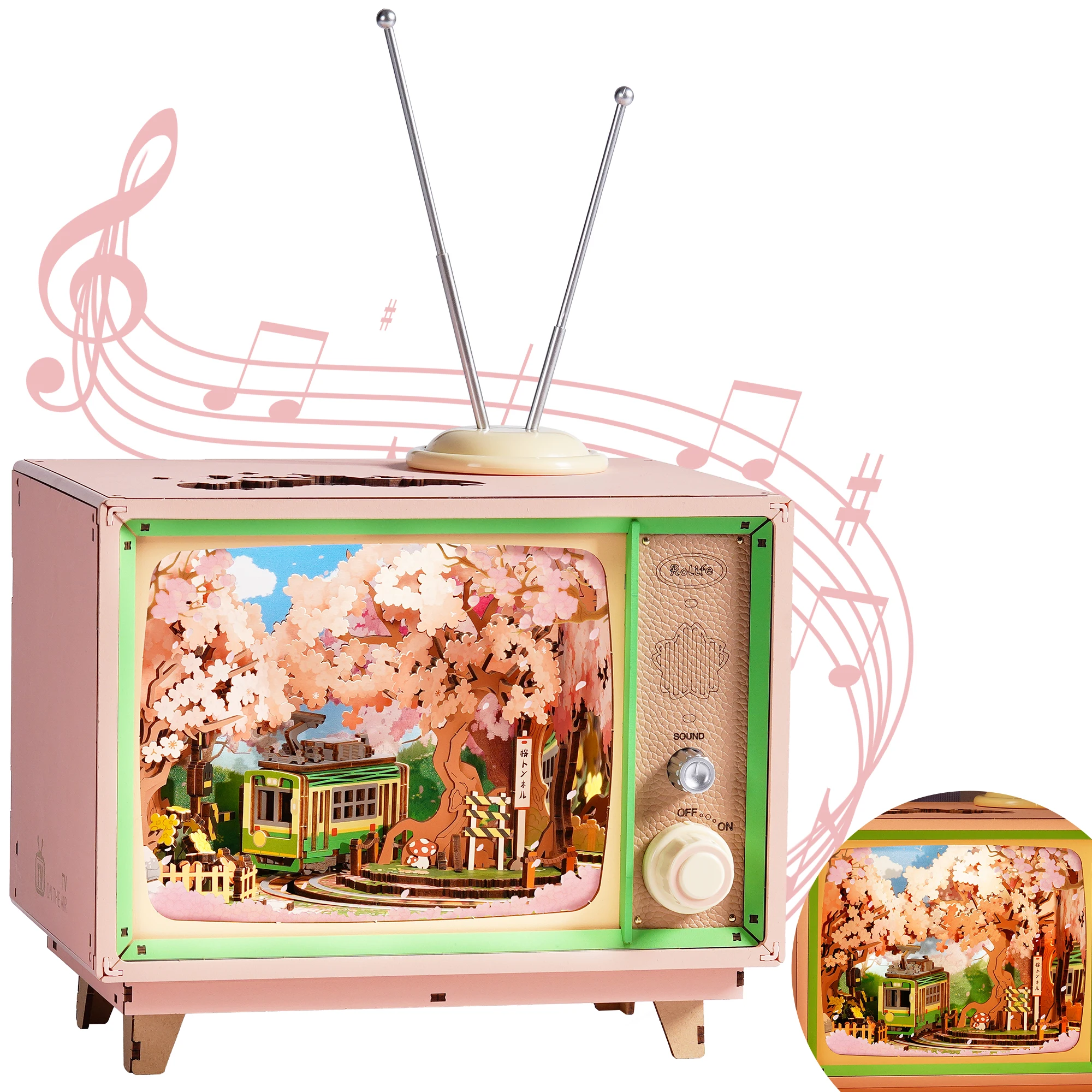 Rolife DIY Music Box Mechanical Model Building Kit Sakura Dreamy Tour Wooden 3D Puzzle Toys Craft Kit with LED Light for Home Decor Birthday Gift for Adults