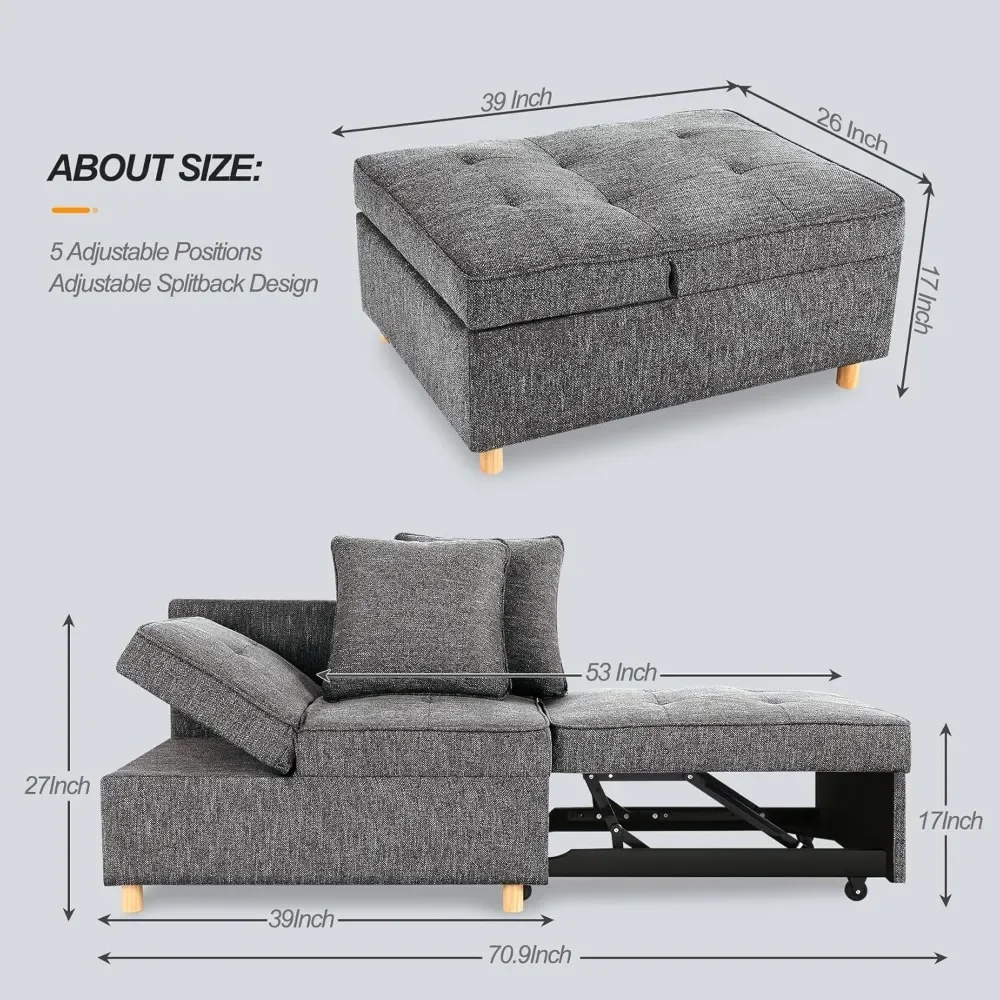 4-in-1 Convertible Sofas & Couches, 3-Seat Linen Fabric loveseat Sofa with 2 Throw Pillow, Single Recliner for Small Space