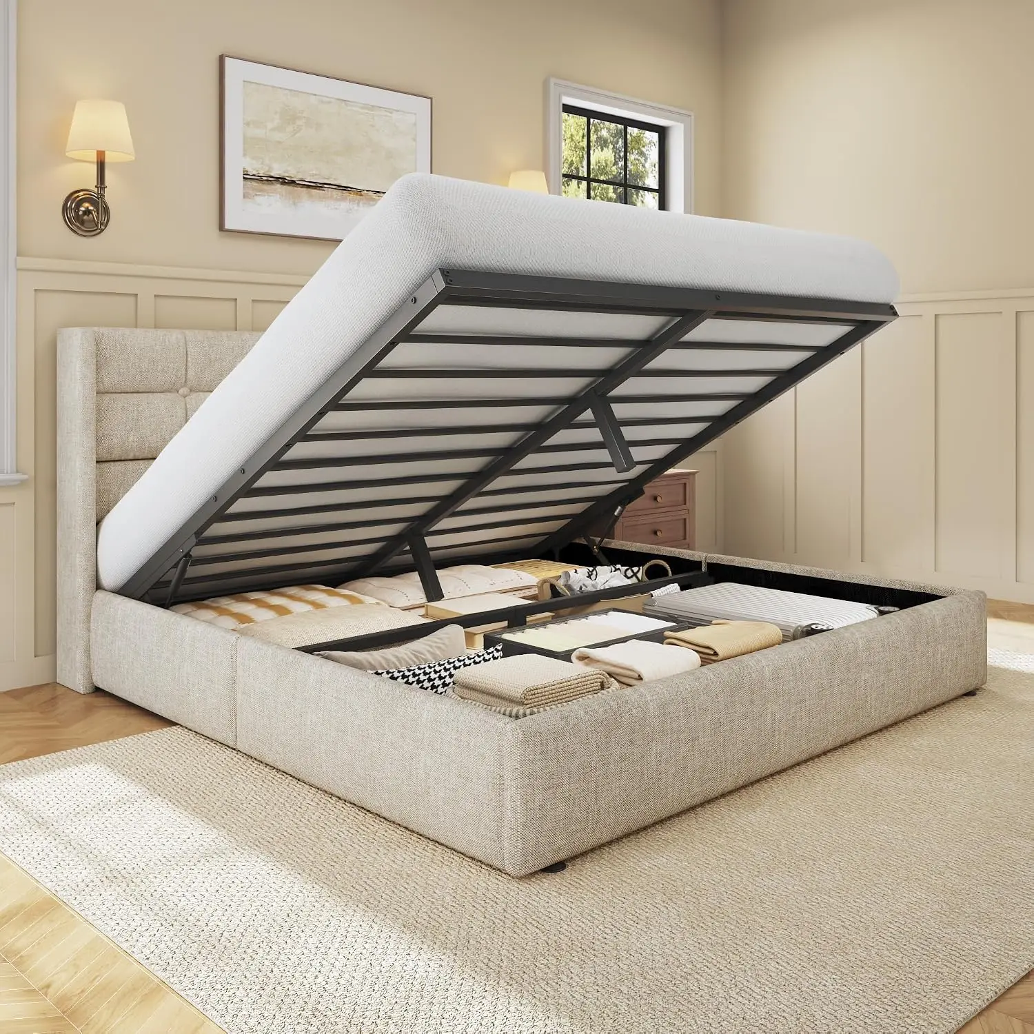 Queen Upholstered Storage Bed Frame, Linen Wingback Headboard, Hydraulic Gas Lift Underbed Space, Metal Slats, Noise Free, Beige