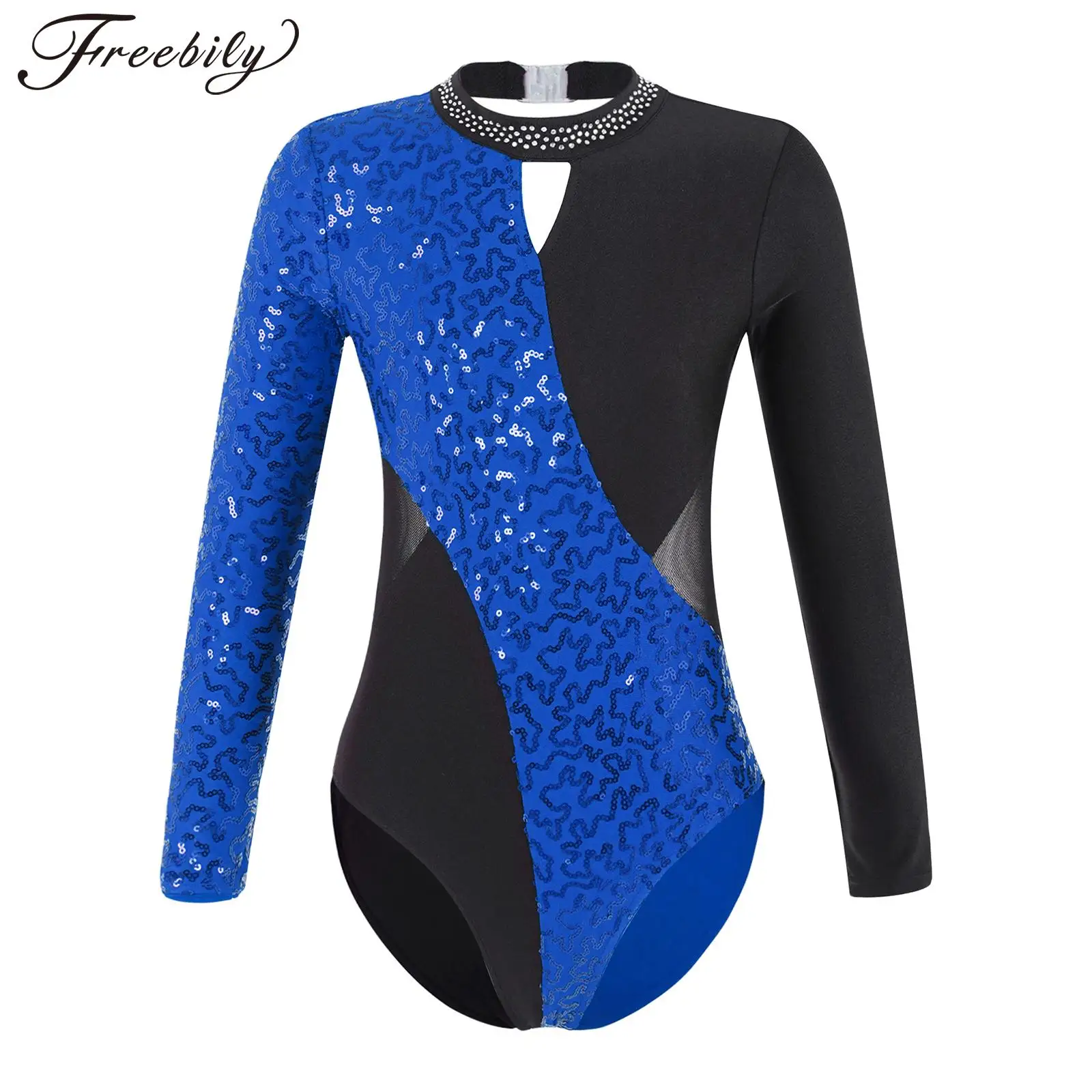 Kids Girls Ballet Dance Leotards Figure Skating Gymnastics Costume Long Sleeve Shiny Sequin Bodysuit Stage Performance Dancewear