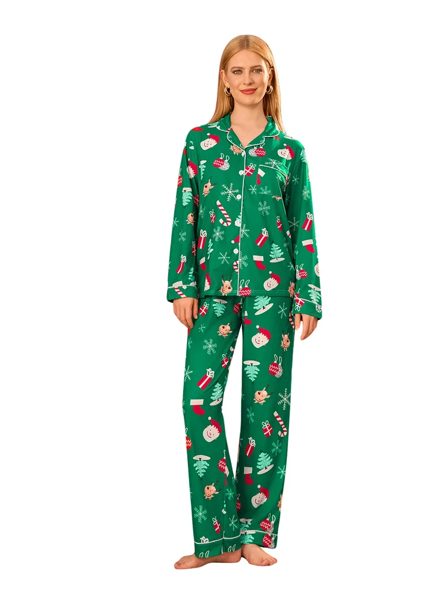 Women s 2 Piece Pajama Set Long Sleeve Lapel Button Up Christmas Elements Pattern Print Shirt Pants Sleepwear Sets