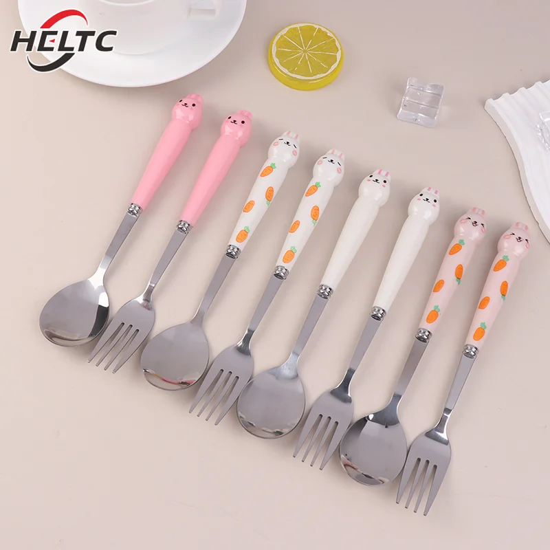 مجموعة أدوات المائدة الكرتون الأرنب الفولاذ المقاوم للصدأ ملعقة شوكة عود الطالب المحمولة أواني الطعام مجموعات أدوات المائدة السفر مع صندوق