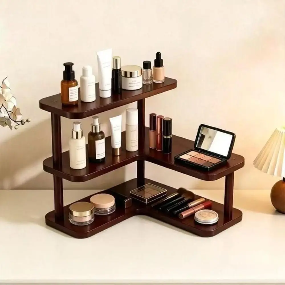 Multi-tier Corner Desktop Shelf Wood Grain Finish Tiered Structure Cup Storage Rack Rounded Edges Space Saving