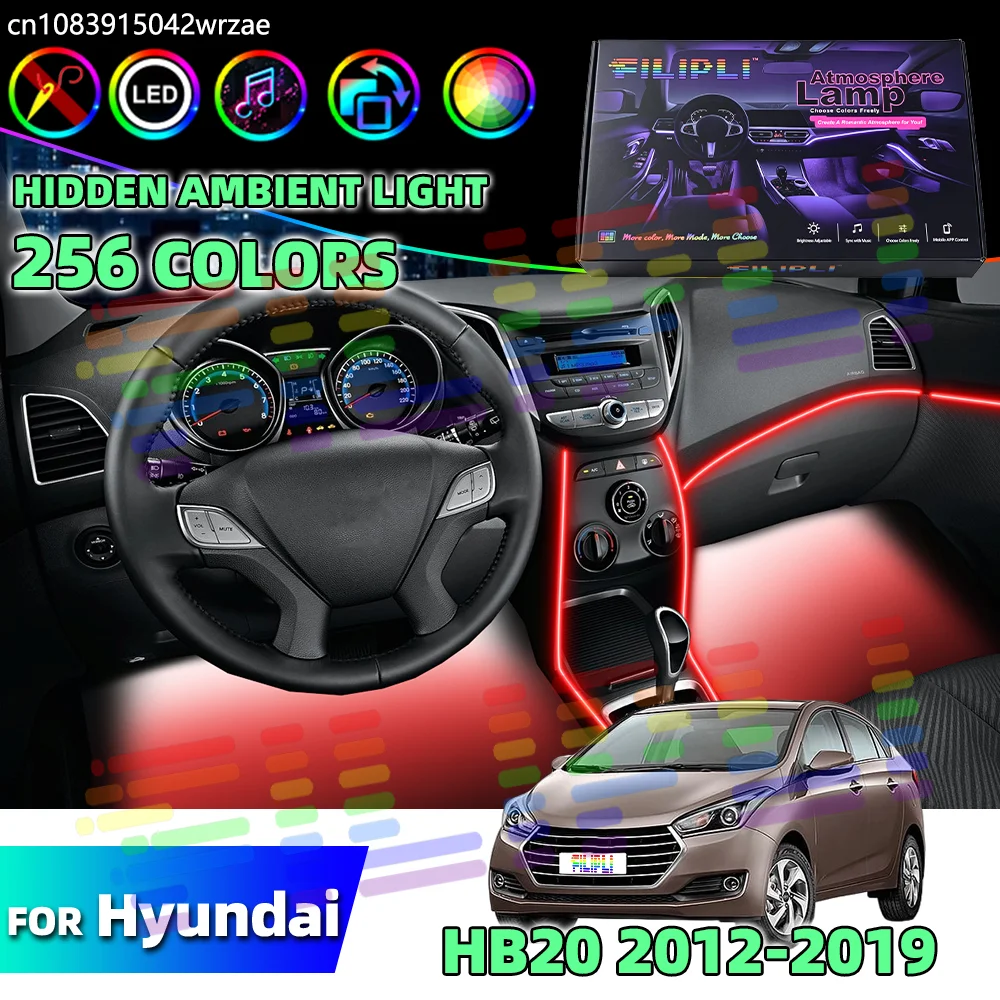 

For Hyundai HB20 2012-2019 64 RGB Soft Glow LED Ambient Lamps Car Inner Neon Bar Bluetooth Control Non Glare Cabin Decoration