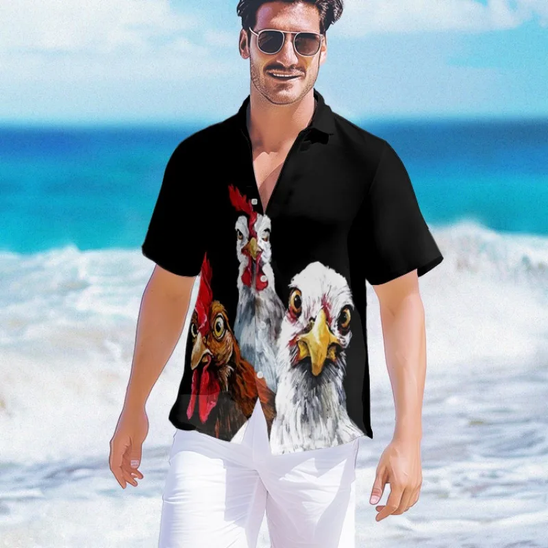 

Summer Hawaiian Shirt Beach Funny Chicken Pattern Y2k Tops Party Streetwear Fashion Short Sleeve Man Clothes Personality Tops