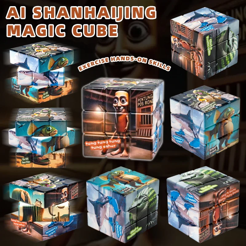 Brainrot Tung Sahur dibujos animados niños Navidad cumpleaños regalo rompecabezas juguete 3 × 3 velocidades ​ ​ Imán Steve Alex Creeper Evoker Regalos para niños