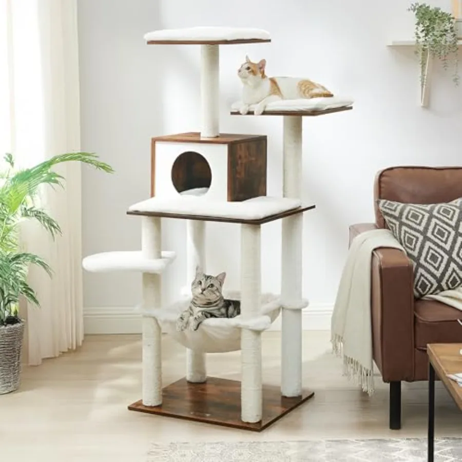 

Кошачья лежанка-когтеточка 56,3 дюйма, современная многоуровневая плюшевая лежанка-домик с когтеточками, гамаком и моющейся подушкой, цвет: рустик-коричневый, UPCT164