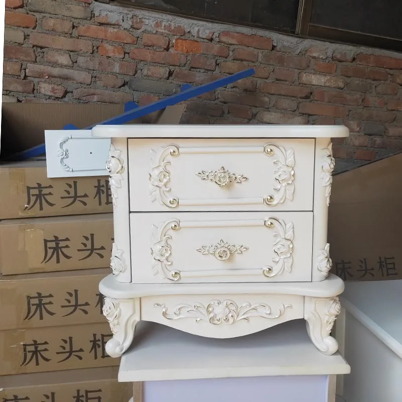 European Bedside Table Baking Paint Simple Modern Ivory White Engraving Korean Bedside Bedroom Storage