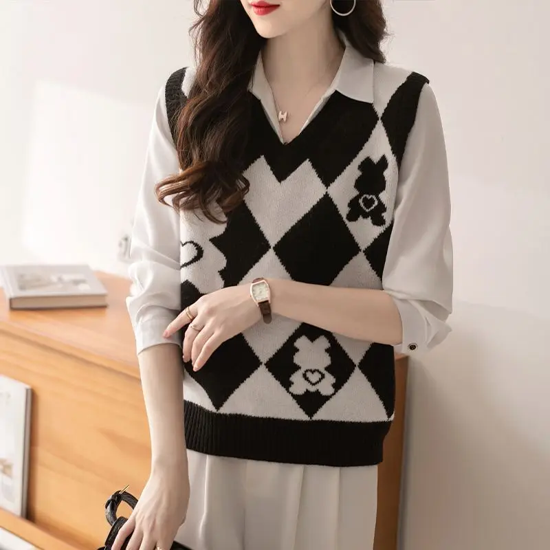 Women Vintage Argyle Simple V Neck Sleeveless Outewear Knitted Sweater Vest Autumn Winter Female Casual Loose Pullover Waistcoat