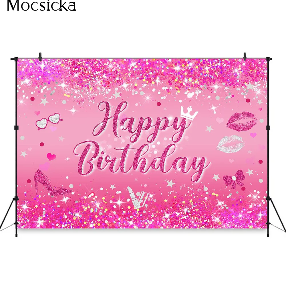 Mocsicka Pink Diamond Sweet Girls 21st Birthday Background Prop Crown High Heels Bachelorette Party Photography Backdrop Banner