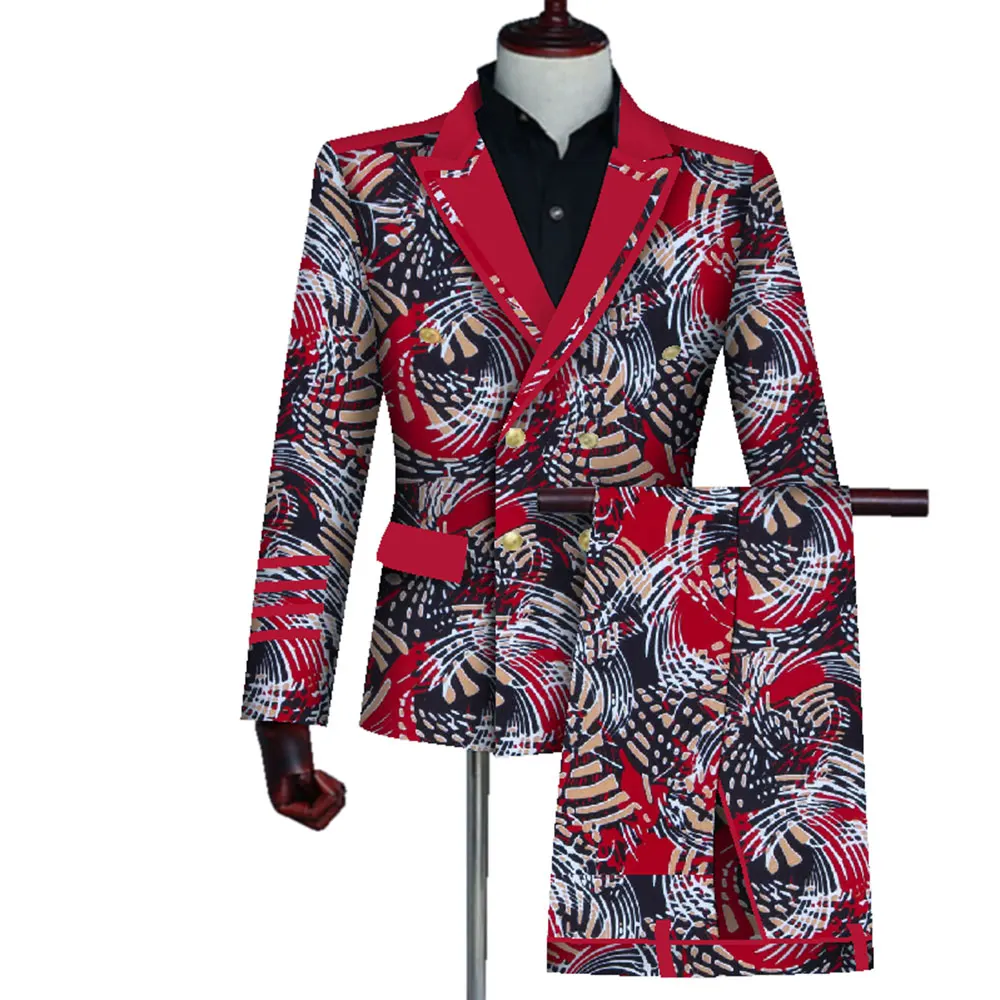 Mens African Clothing Bazin Riche African Wax Print Top Suits and Pants Sets Ankara Clothes 2 Pieces Blazer and Pants Set WYN725