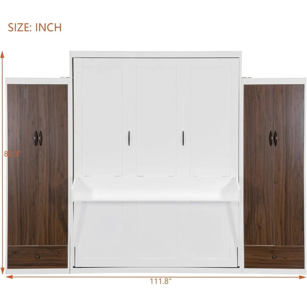 سرير ميرفي بالحجم الكامل، سرير خشبي كامل الجدار مع خزانة، أدراج ومكتب، أبيض