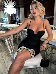 New Women Summer Fashion Sexy Backless Halter Black Mesh Midi Bodycon Bandage Dress Elegant Evening Club Party Dress