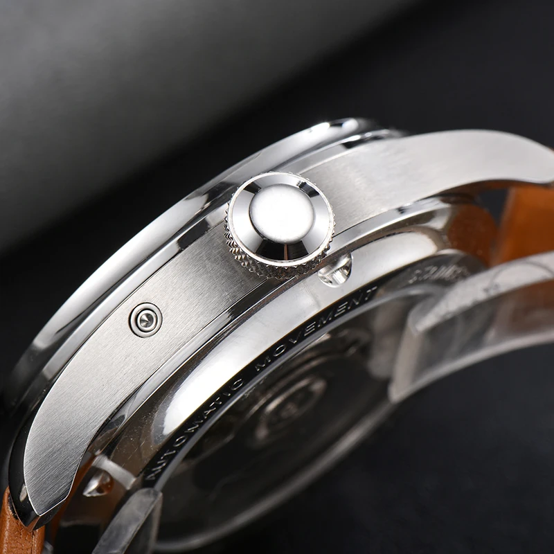 Parnis 43 mm Reserva de energía automática Reloj para hombre Volano Esfera blanca Correa de cuero genuino