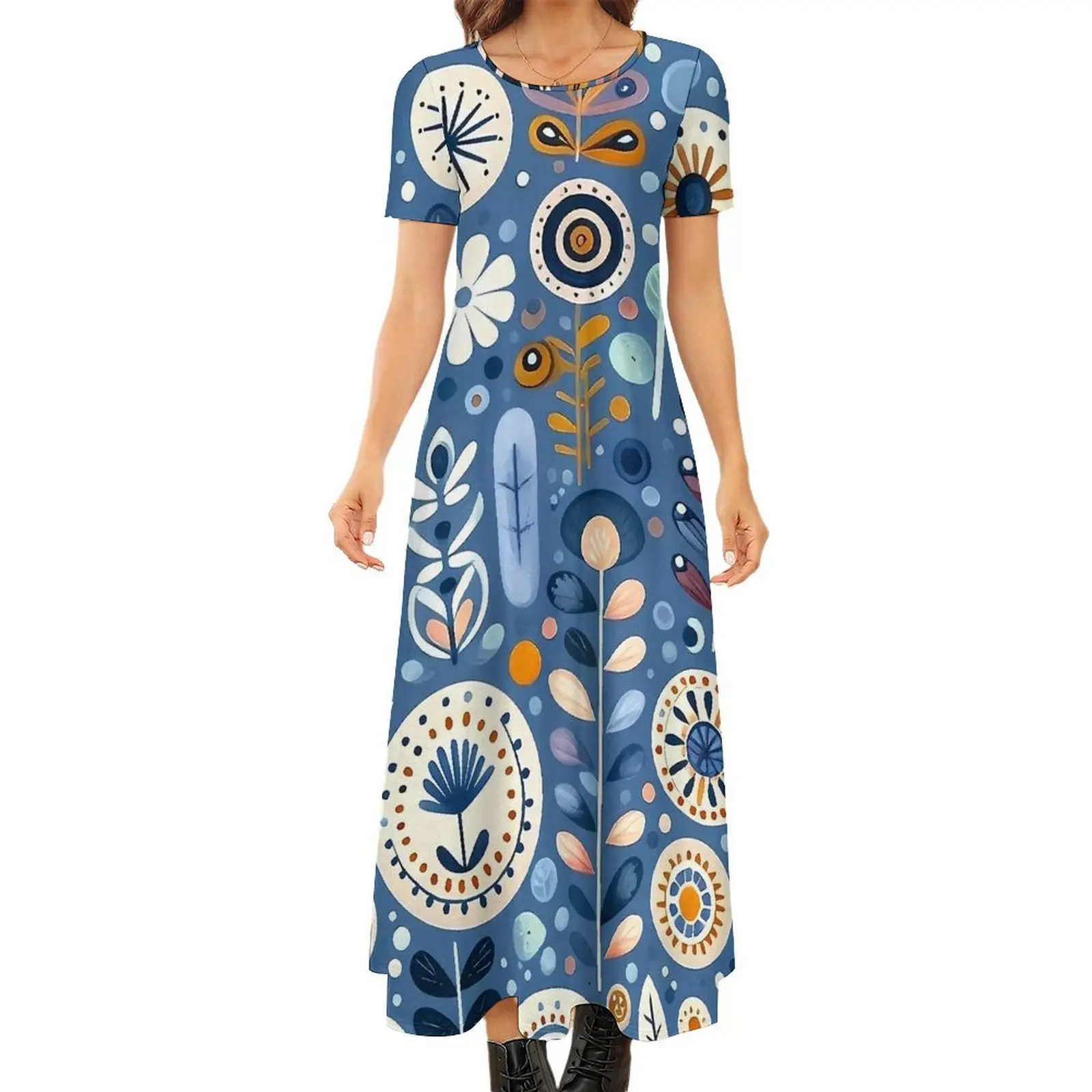 Vintage Folk Art Floral Print Dress  Trendy Maxi Dress Aesthetic Boho Beach Long Dresses Female Short Sleeve Oversize Vestidos